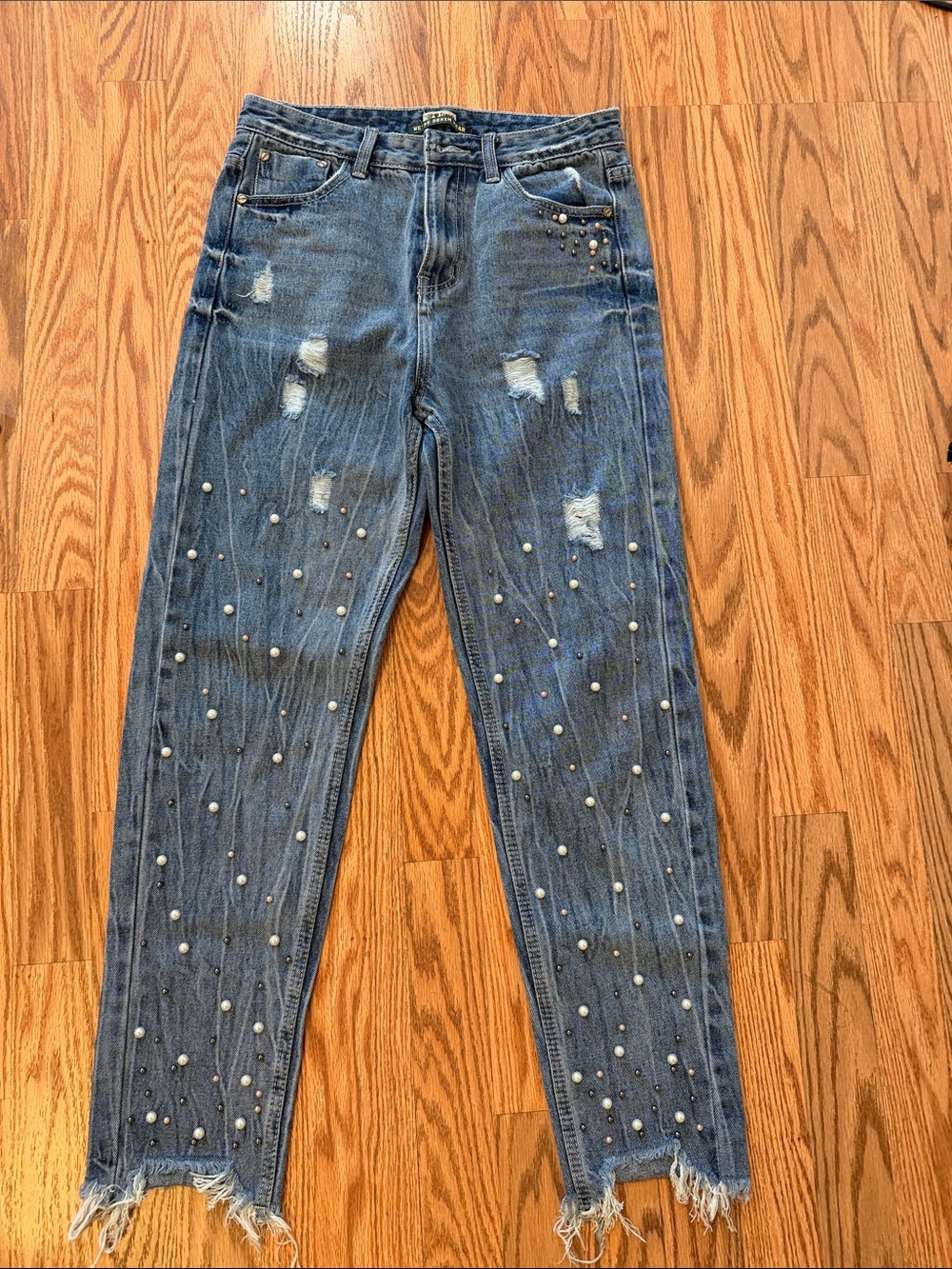 Pearl-Embellished Distressed Blue Jeans